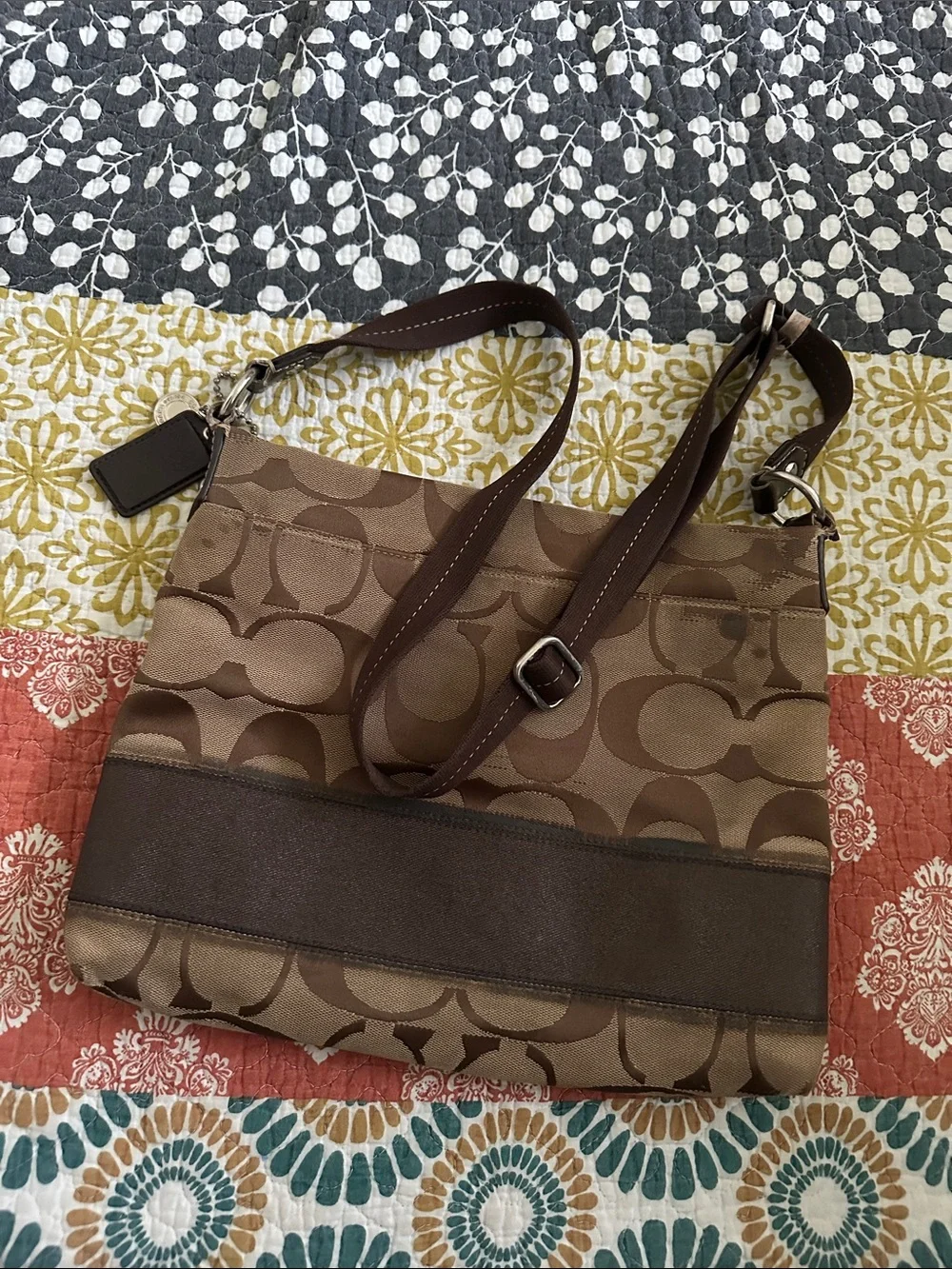 Coach Brown Signature Logo Crossbody Bag with Leather Trim